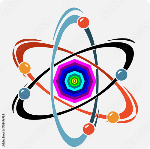 Atomic structure with dynamic orbitals, vibrant nucleus, abstract molecule, scientific quantum physics.
