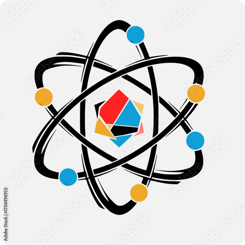 Atomic structure with dynamic orbitals, vibrant nucleus, abstract molecule, scientific quantum physics.