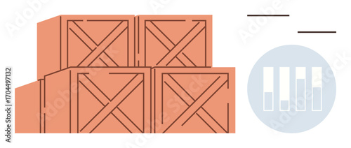 Stacked wooden crates alongside an analytics graph. Ideal for logistics, inventory, shipping, supply chain, warehouse planning, goods management, storage concepts, simple flat metaphor