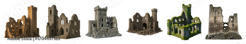 Castle ruins set including ancient, medieval, decaying, stone, and moss-covered structures isolated. Historical fantasy architecture collection.