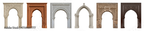 Ornate architectural arch set including stone, wooden, and distressed styles isolated. Middle Eastern and Islamic design elements.
