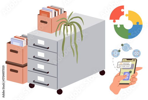 Filing cabinet with stackable boxes, potted plant, digital phone interface, collaborative puzzle, networking icons. Ideal for organization, productivity, technology, teamwork data management office