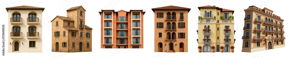 Fototapeta premium Mediterranean building set including diverse facades, colors, and styles isolated. European architecture collection for urban design.