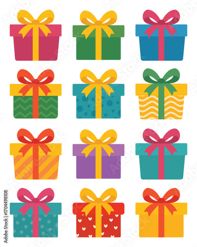 Collection of gift boxes. Festive packaging.
Isolated white background. Flat style vector illustration.