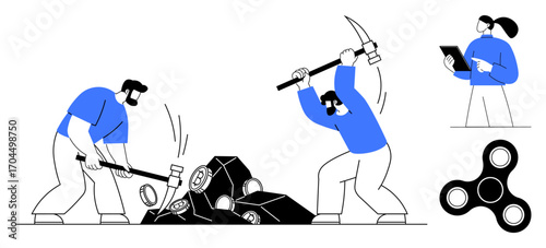 Two men using tools to break rocks while a third observes with a tablet. Fidget spinner nearby adds a tech element. Ideal for teamwork, productivity, analysis, focus, task management, efficiency