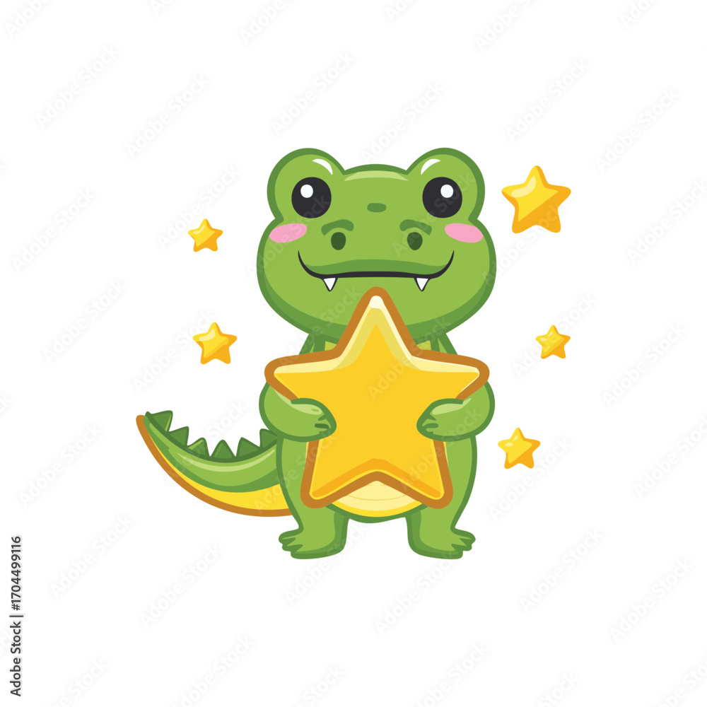 Fototapeta premium An adorable cartoon alligator holding a golden star, surrounded by sparkling stars. A delightful illustration that is sure to bring a smile.