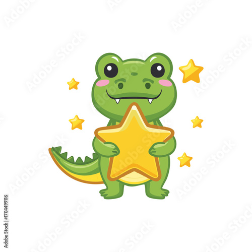 An adorable cartoon alligator holding a golden star, surrounded by sparkling stars. A delightful illustration that is sure to bring a smile.