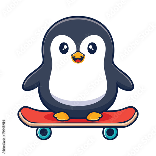 A cheerful penguin enjoying a ride on a skateboard