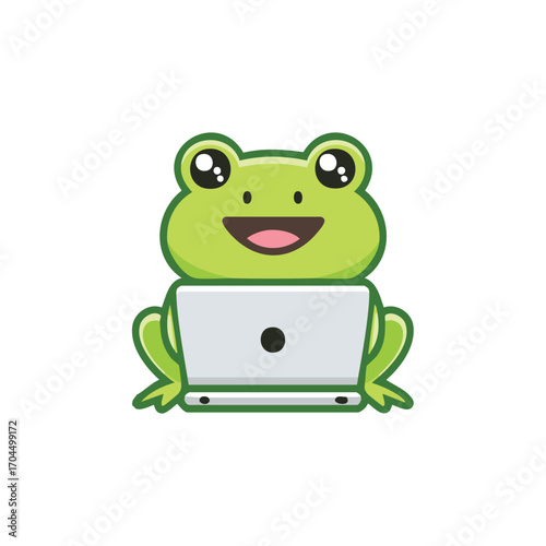 A charming green frog happily using a laptop, showcasing the intersection of nature and technology 