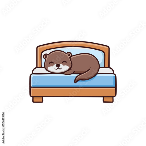 A cartoon otter sleeping peacefully on a bed with a pillow. The otter has a brown coat and is curled up on the bed