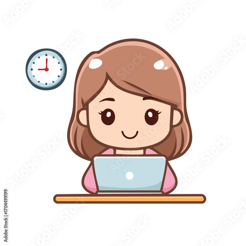 A Cute illustration of a person using a laptop with a clock showing the time. The person is smiling and seemingly working. A nice cartoon character shows working life