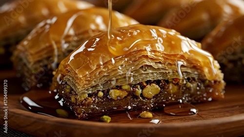 Golden phyllo pastry baklava with chopped pistachio is drizzled with sweet syrup on a wooden plate, dessert footage
