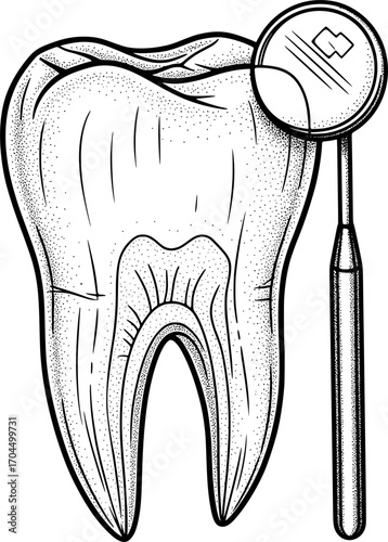 Tooth with dental mirror icon with hand-drawn style
