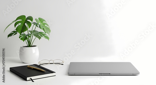 A minimalist desk setup featuring a closed laptop, a notebook with a pen, eyeglasses, and a potted green plant against a clean white background.