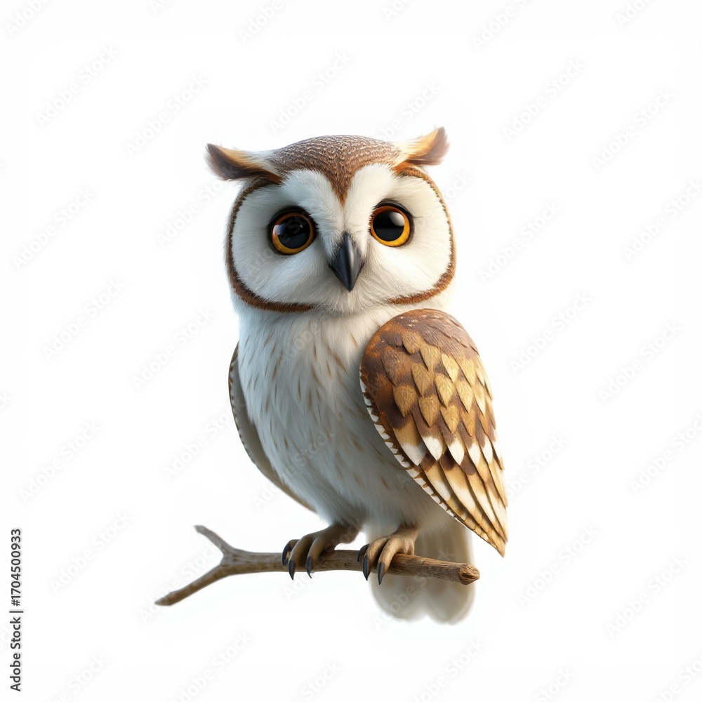 Obraz premium A charming 3D illustration of a cute, animated owl with big eyes and soft feathers, perched on a branch against a clean white background, ideal for children's content and animation