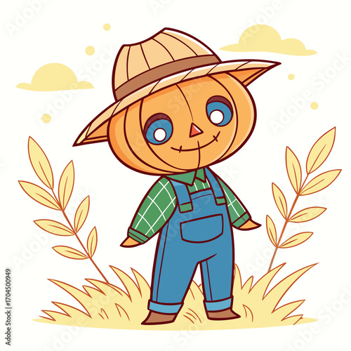 Cheerful pumpkin scarecrow wears denim overalls and straw hat amidst autumn foliage on white backdrop