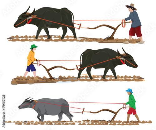 farmer plowing in paddy field vector design