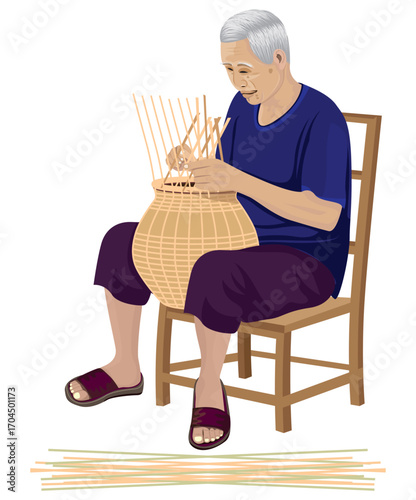 country old man is sitting and weaving a container with bamboo.isolated on white background vector design