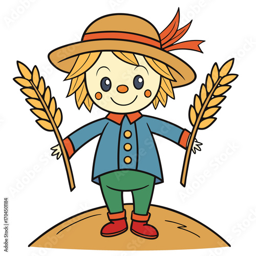 Cheerful scarecrow figure holds golden wheat stalks, smiling on a tancolored hill, transparent