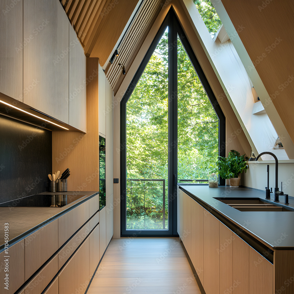 Fototapeta premium Modern kitchen with tree view and natural wood accents