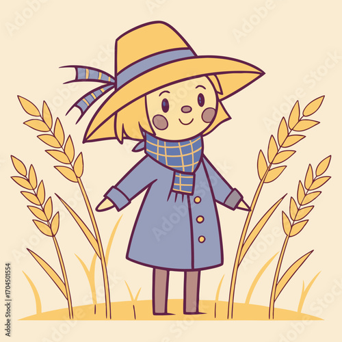 Cheerful scarecrow wears blue coat and scarf standing in the wheat field
