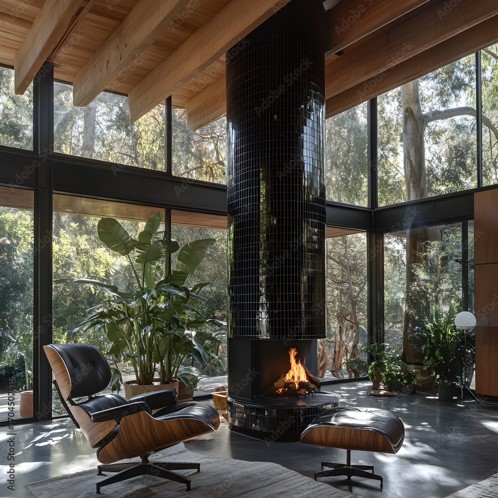 Fototapeta premium Modern living room with fireplace and forest view