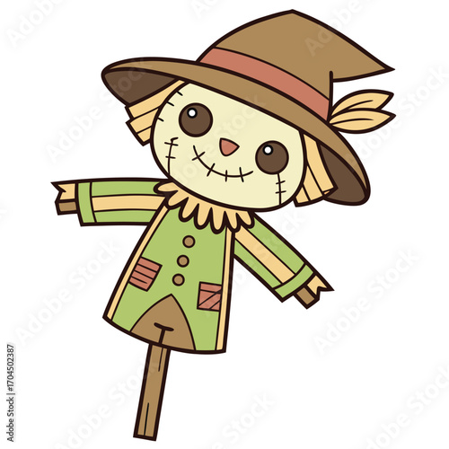 Friendly scarecrow with a jaunty hat stands on its stick, transparent background