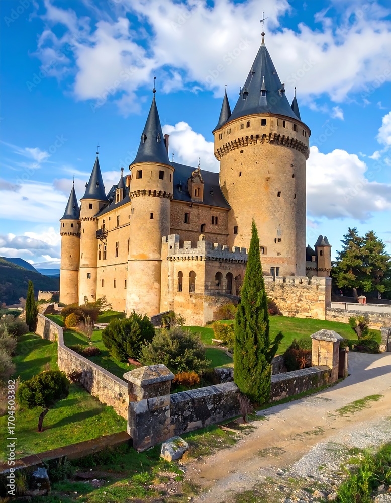 Fototapeta premium Massive, ancient castle with manicured gardens