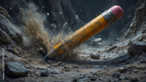 Riesiger Bleistift kracht in felsige Landschaft – Cooles Wallpaper – Abstraktes Fantasie Hintergrundbild