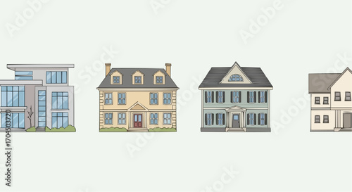 Explore diverse architectural styles: modern homes, traditional houses, and residential building designs ideas vector