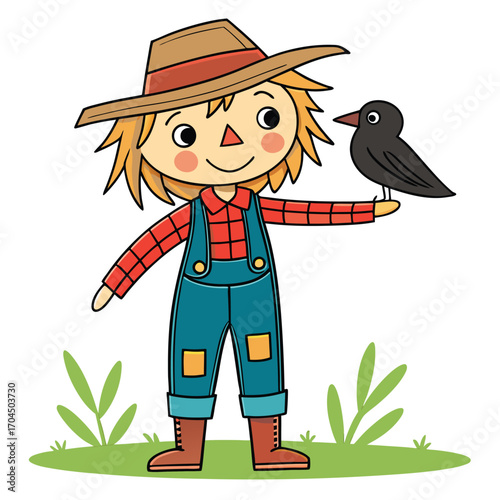 Smiling scarecrow stands as a black crow perches on its arm peacefully with transparent background