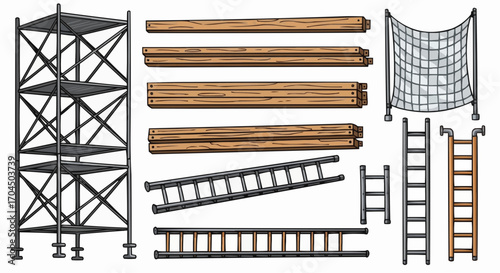 Explore scaffolding construction safety nets ladders and wooden planks in detailed illustration art vector
