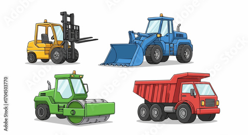 Cartoon construction vehicles illustration featuring forklift bulldozer roller and dump truck for kids learning vector