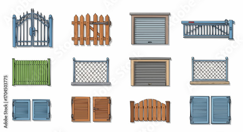 Explore different types of gates and fences for your home garden and property security and decoration needs vector