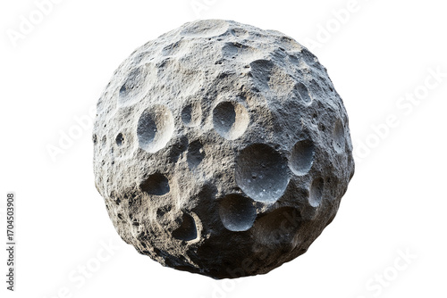Detailed asteroid with numerous craters floating in space on transparent background