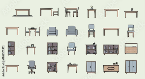Furniture vector icons set for interior design and home decoration with tables chairs and storage units 100 vector