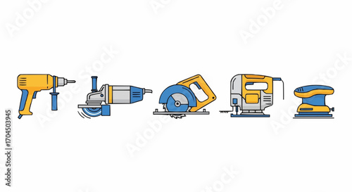 Illustration of various power tools for woodworking and construction including drill grinder saw and sander tools vector