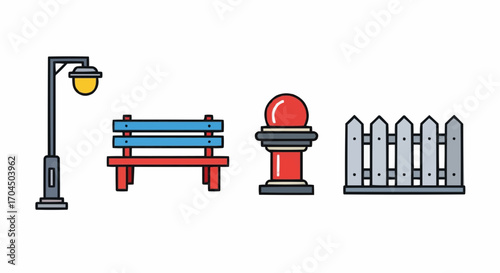 Vector illustration of park elements bench street lamp fence and bollard outdoor scene park design concept art vector