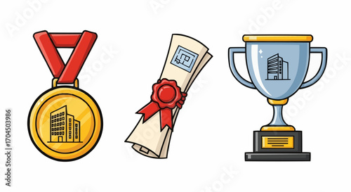 Real estate achievement awards vector illustration with medal certificate and trophy for top performers vector