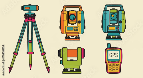 Surveying equipment total station theodolite gps level vector illustration for construction and engineering 3d mapping vector