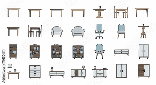 Shop furniture table chair bookcase cabinet dresser sofa interior design home decor office furniture collection vector