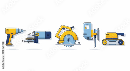 Explore power tools vector illustration set featuring drill grinder circular jigsaw and belt sander icons design vector