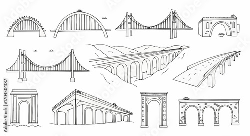Collection of bridge illustrations for architecture projects and engineering designs, architectural landmarks and river crossings vector
