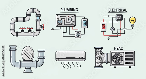 Plumbing electrical hvac systems diagram for home repair and maintenance services and installation guide vector