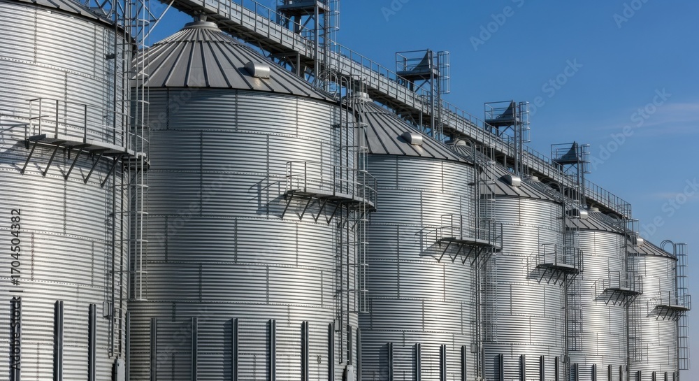 Obraz premium Medium shot of tall metal barley storage silos under clear blue sky highlighting their sleek reflective surfaces and industrial design.
