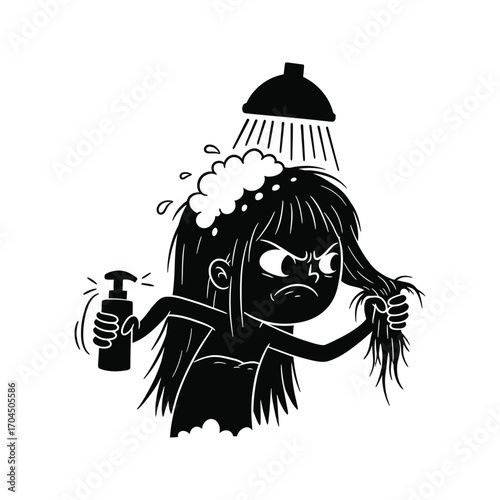 Angry girl washing hair in shower shampoo bottle bad hair day illustration