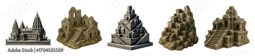 Fantasy architecture set including temples, ruins, castles, and mountain dwellings isolated. Ideal for game design and creative projects.