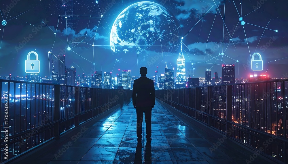 Obraz premium Silhouette of a person overlooking a city, with global network visuals and digital locks overlayed. Represents data security & tech