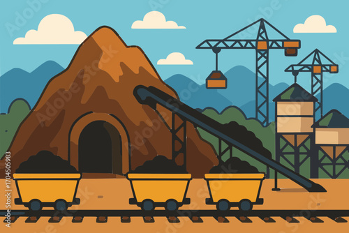 Cartoon coal mine vector illustration with carts, conveyor belts, and mountain entrance