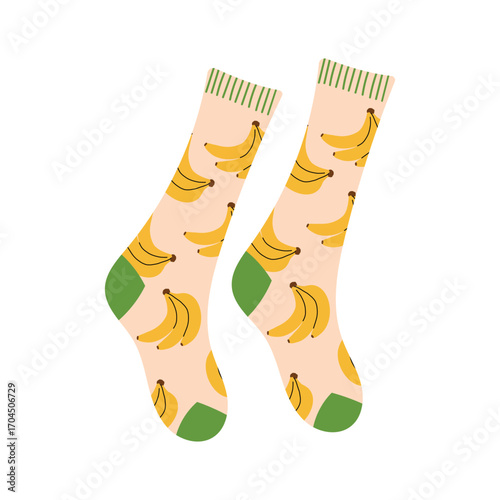 Funny beige socks with banana fruit pattern. Warm autumn and winter clothing accessory. Flat vector illustration isolated on white background.